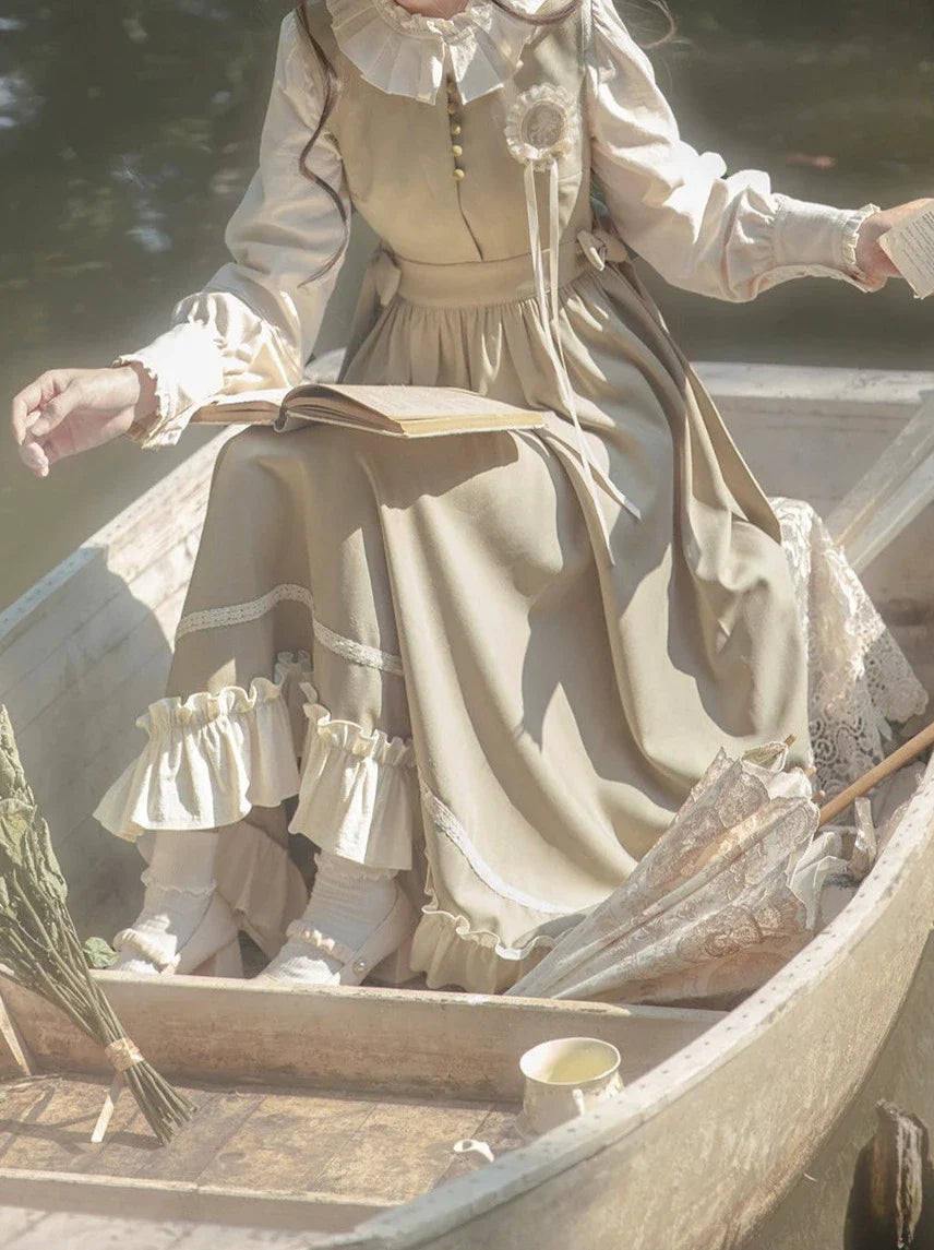 Dress French + Retro Long Ruffle Vest Green Blouse