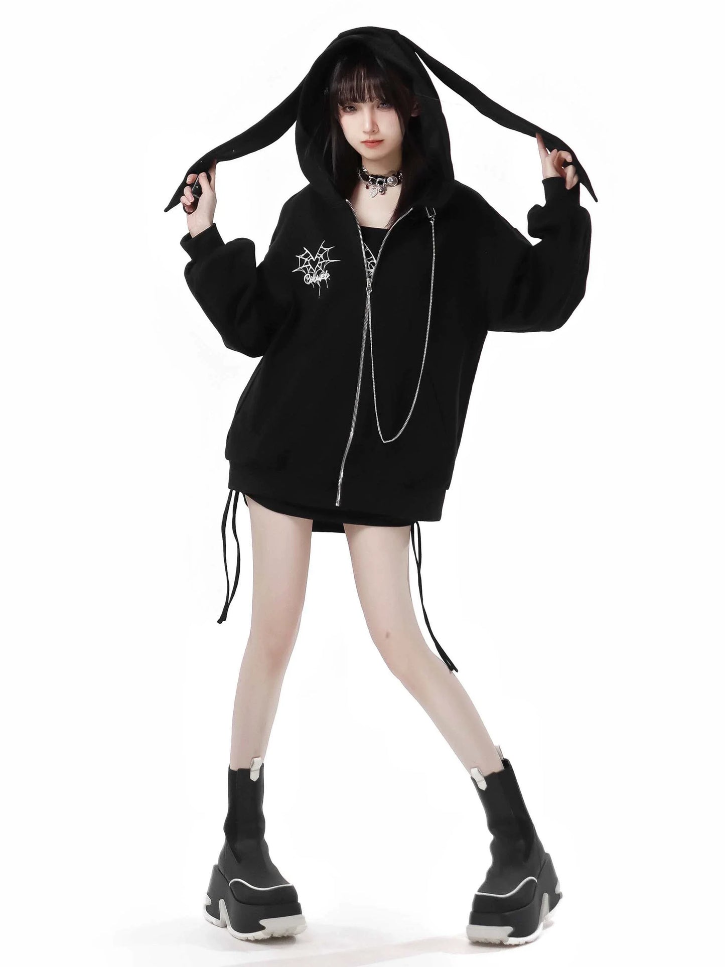 Spider Chain Slim Strap Hoodie Web Rabbit Ear