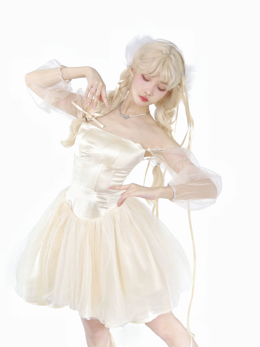 Fischgräten-Feen-Netzkleid mit Taille 