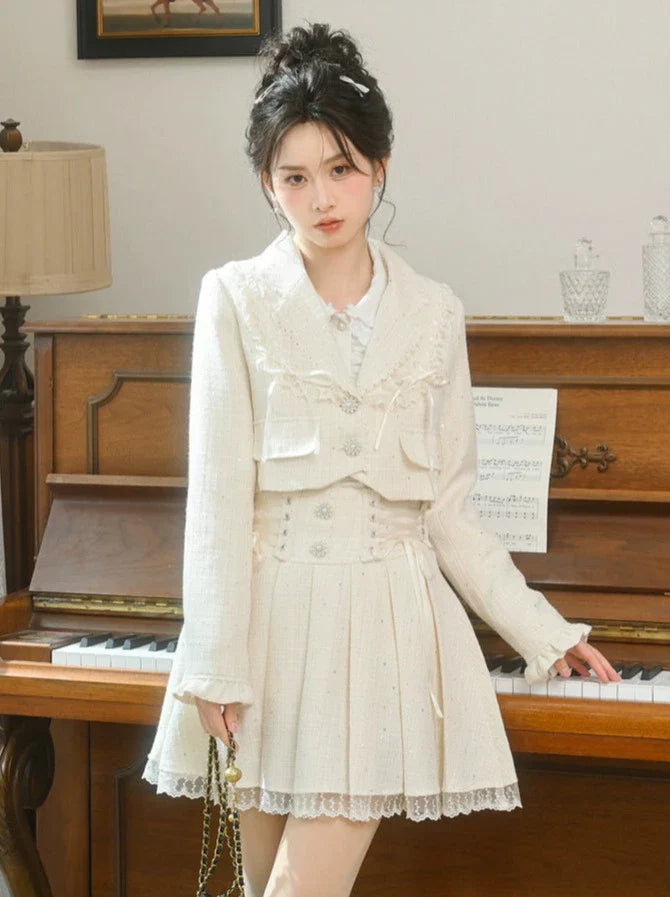 Set-up + Short Frilled Skirt Tweed Lace-up Jacket Pleated
