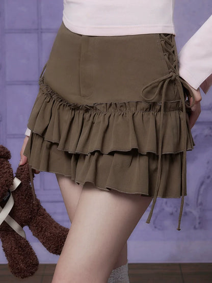 ガールフリルファイティングブラウンレースアップスカート