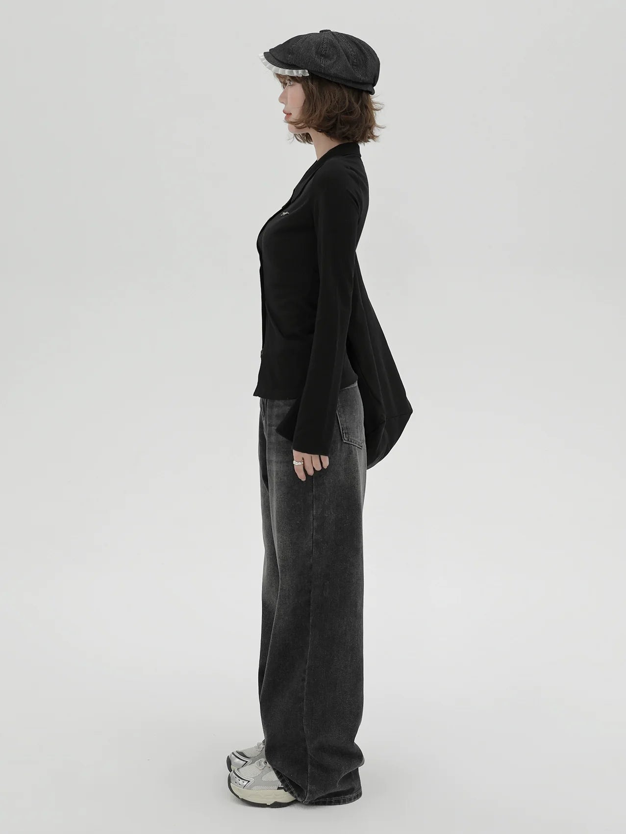 ニットベルブラックスリムポロカラーカーディガンスリーブレトロ