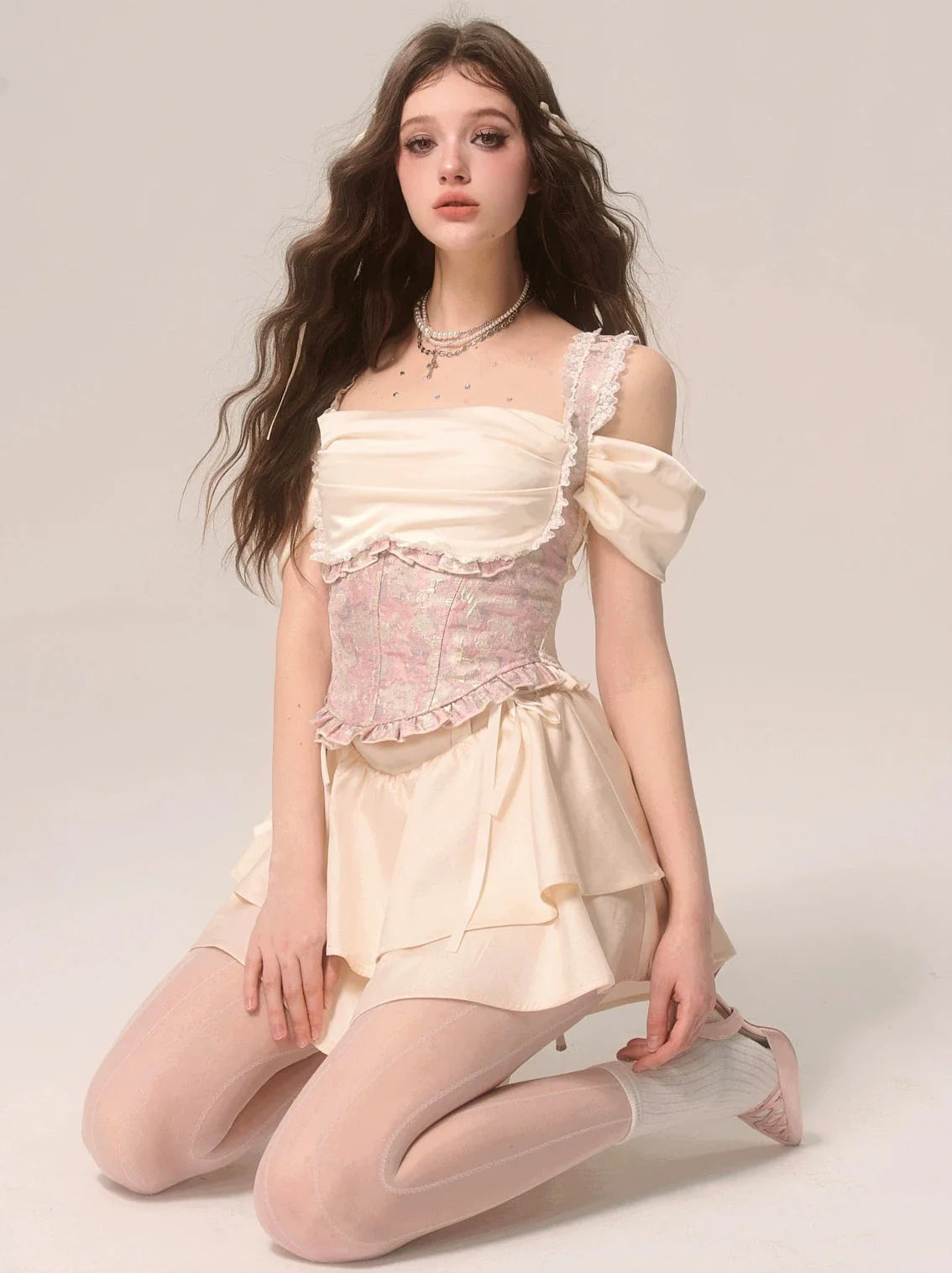 サスペンダースカート ニッチケーキ ロマンティックレーストップ フレンチ