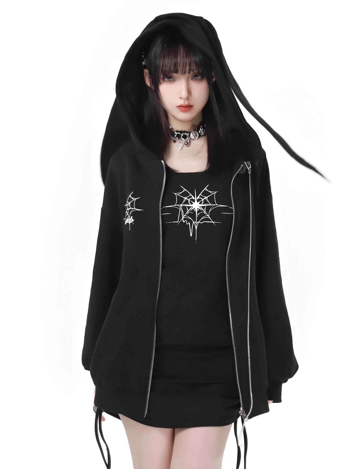 Spider Chain Slim Strap Hoodie Web Rabbit Ear