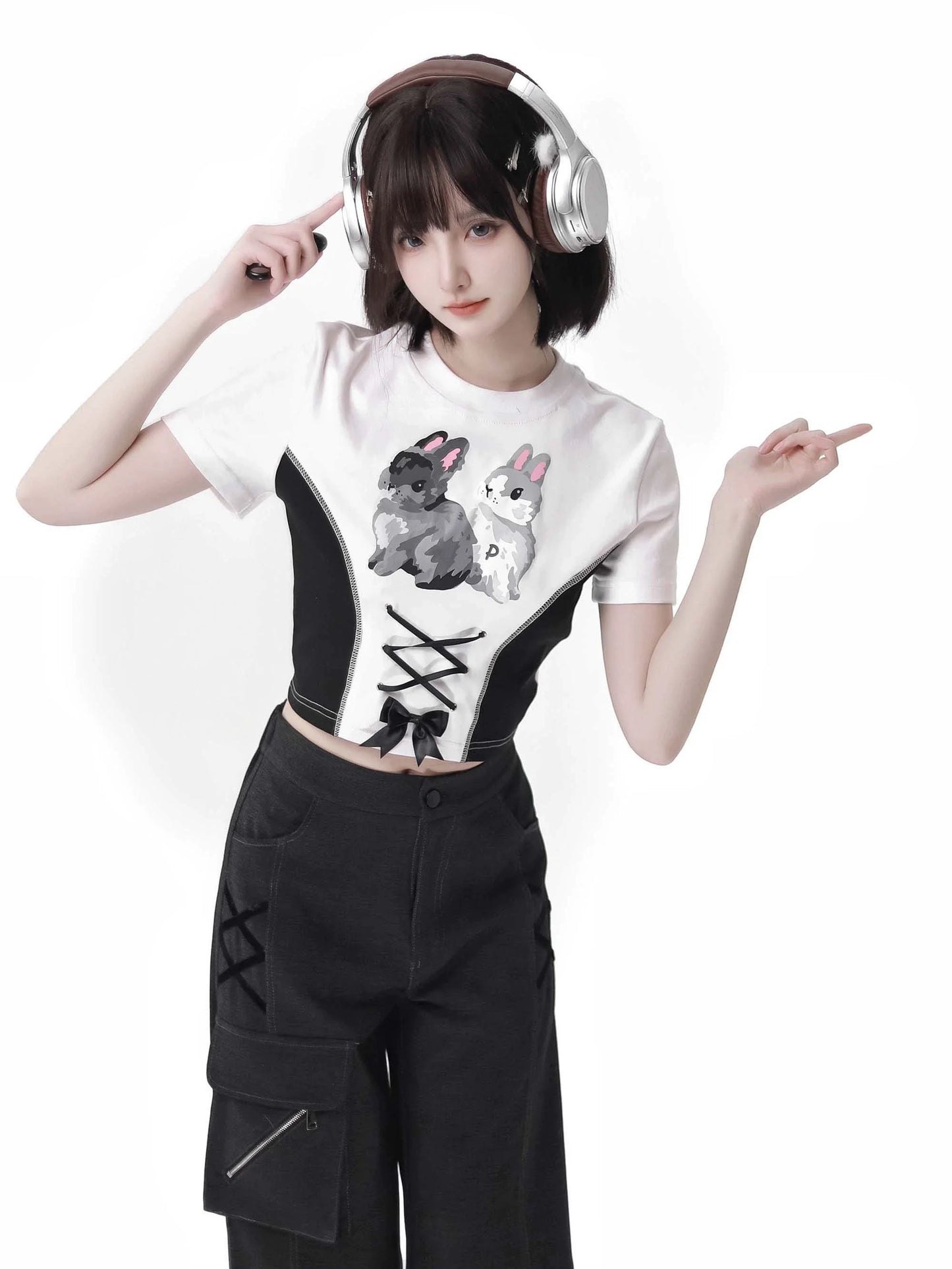 Summer Design Straps Pants Rabbit Off-Shoulder Black White Hoodie Tops Suit