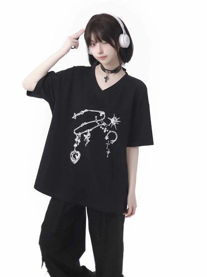 Black T-Shirt V-Neck Print White Gemstone