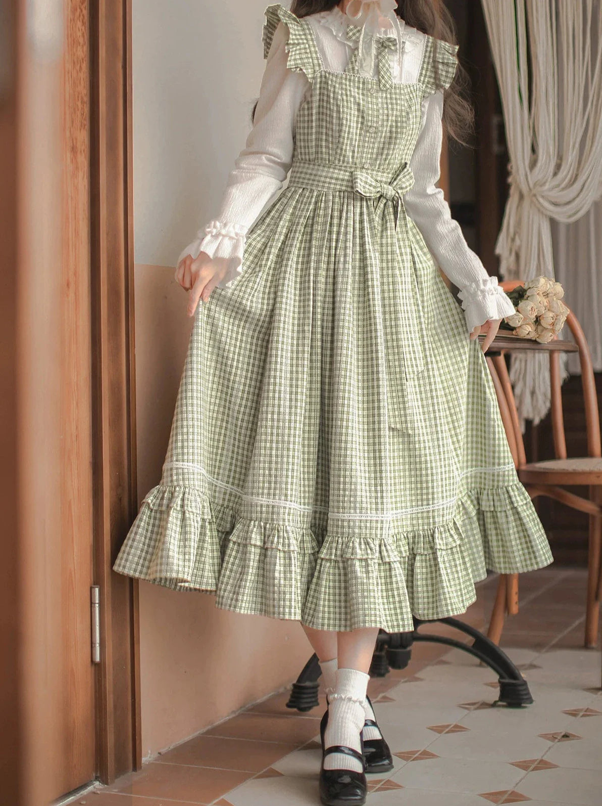 Collar Dress Shirt Ribbon Check + Set Ruffle French Shoulder Green Ruffle Forest