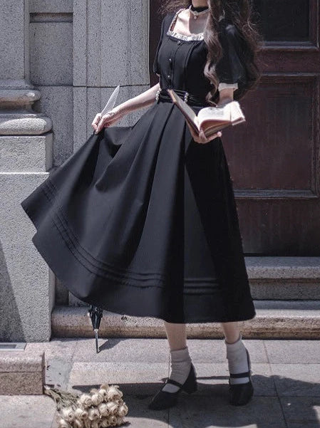 スクエアブラックパールウエストネックレスフレンチカラードレスブラックリボンキャットスーツレトロ