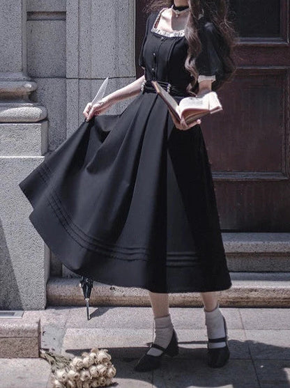 スクエアブラックパールウエストネックレスフレンチカラードレスブラックリボンキャットスーツレトロ