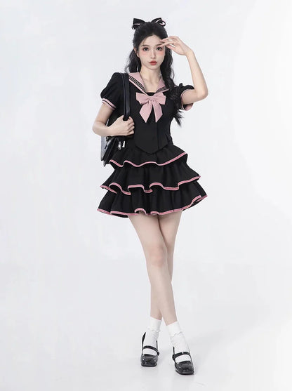 Sailor Flared + Rock Taille Puff Ribbon Cake Top + Ärmel Hals