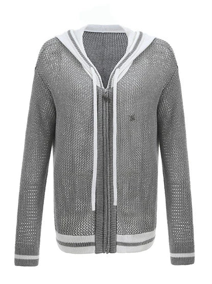 Kurzer/langer Hoodie aus transparentem Netzstrick mit Reißverschluss