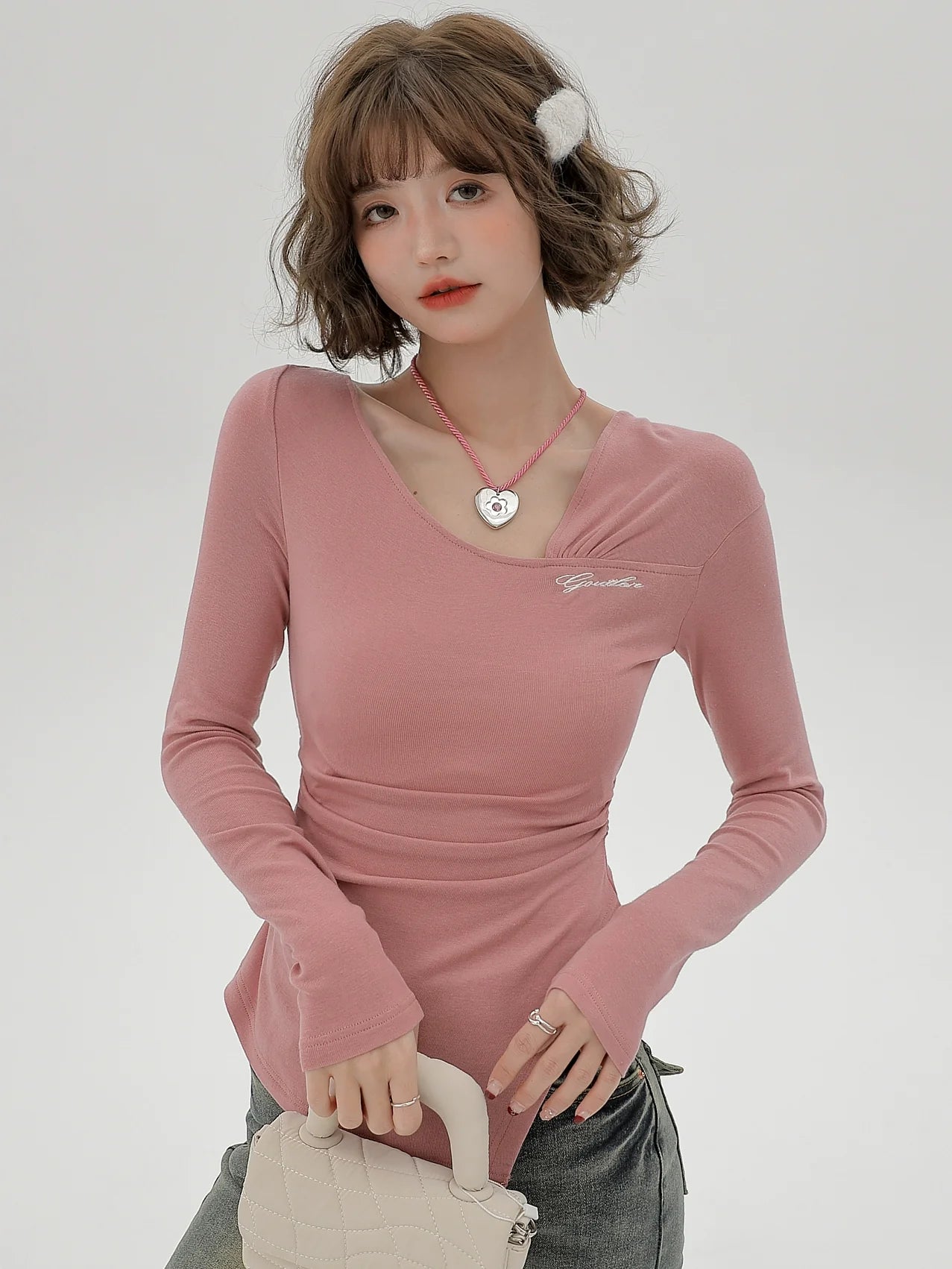 Slim Oblique Long Pleated T Design Shoulder