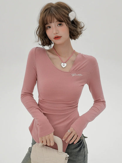 Slim Oblique Long Pleated T Design Shoulder