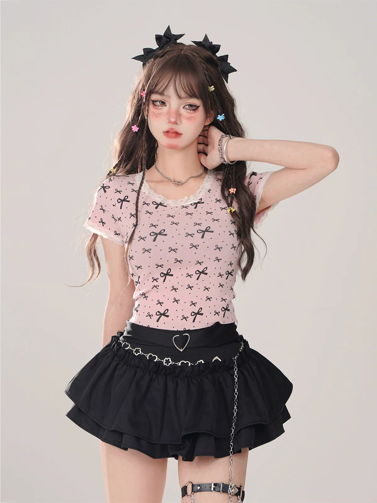 Lace Ribbon T-Shirt Girly Slim