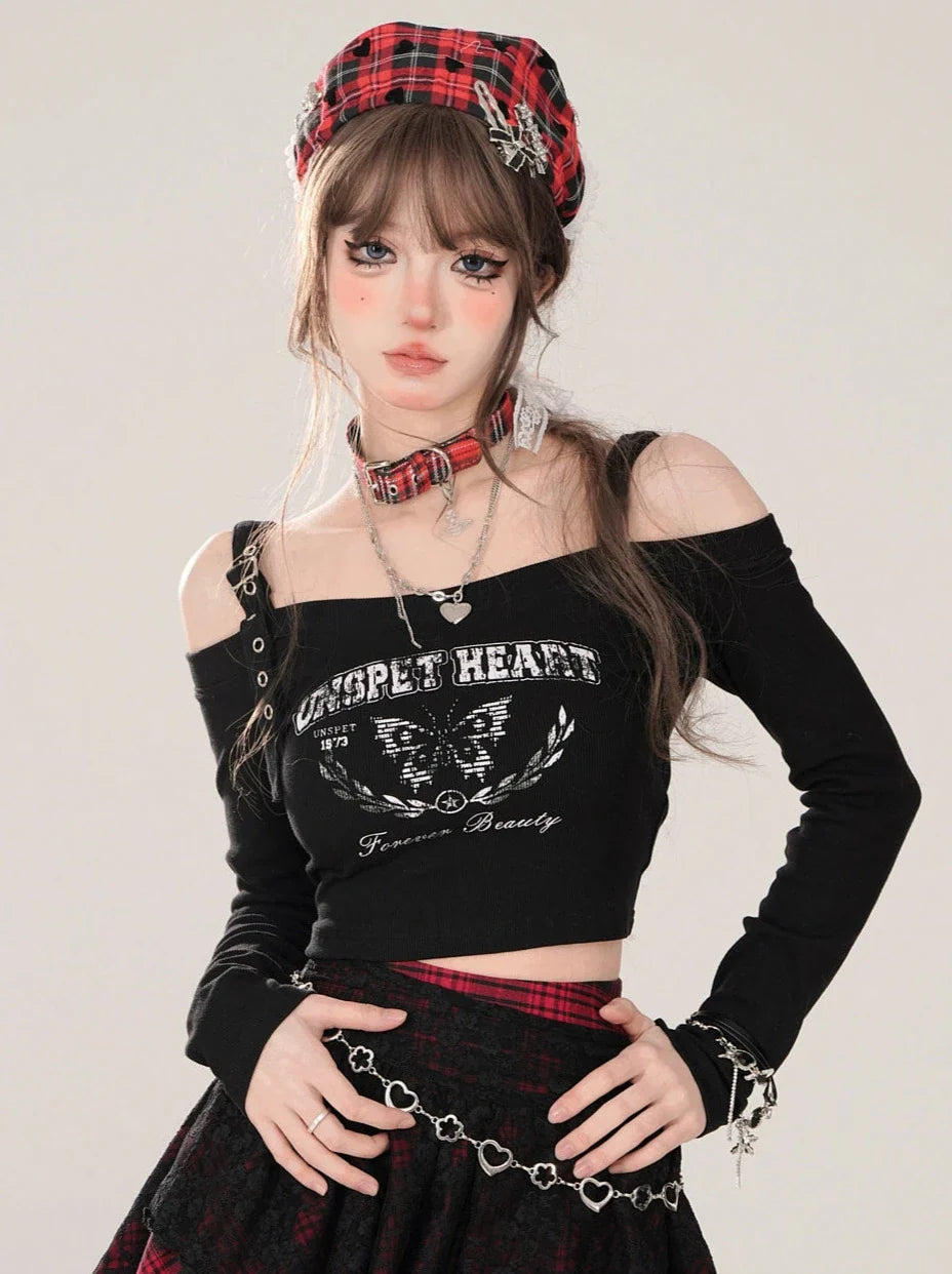 ショートTシャツ オフショルダー ロング スリム ブラック スリーブ