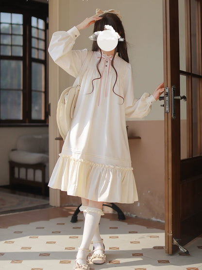 Badge Pink Frilled Doll + Lolita + Dress Off-White Coat Collar