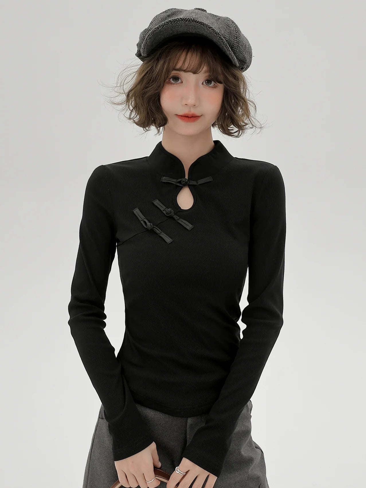 T Long Black Collar Chinese Stand