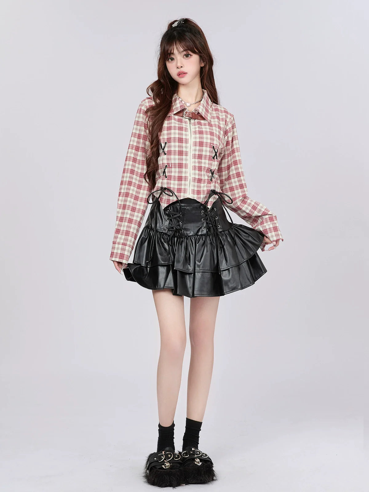 アメリカンチェックデザインショートシャツ レトロストラップ