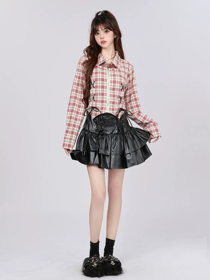 アメリカンチェックデザインショートシャツ レトロストラップ