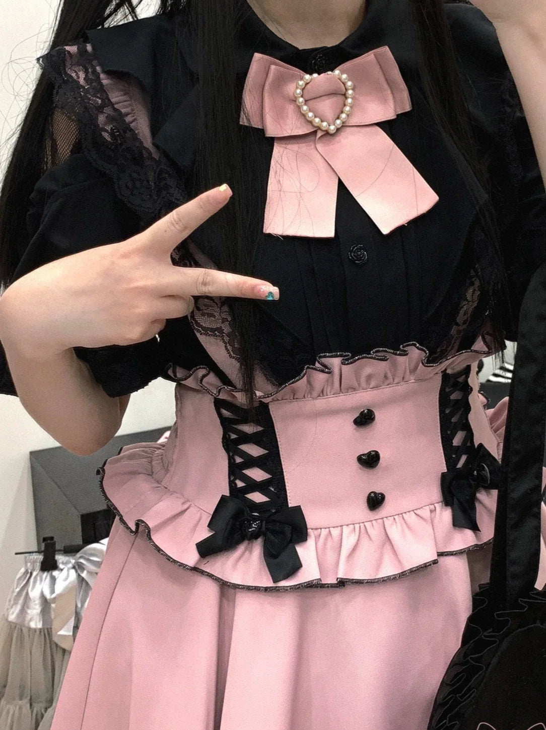 レースシアーショルダーケープマインリボンシャツ