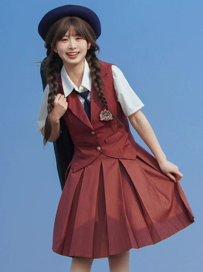 Style Faltenrock College Weste Rot Ziegel + Streifen