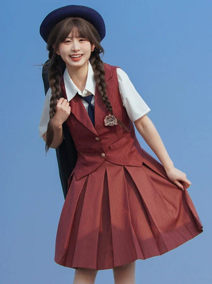 Style Faltenrock College Weste Rot Ziegel + Streifen