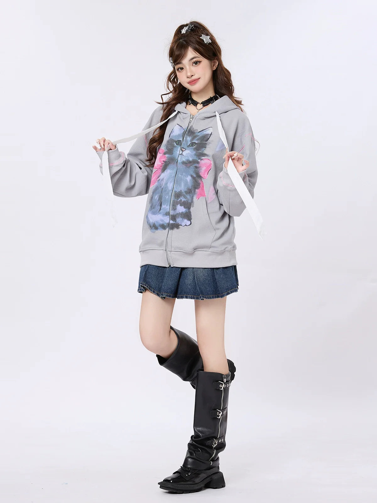 Zip-Up Hood Retro Ribbon Hoodie Ear Cat