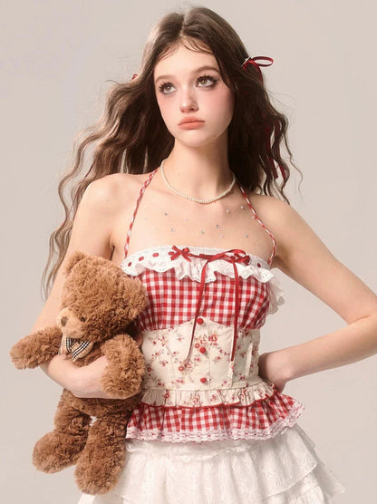 Erdbeer-Top, Neckholder, Kuchen-Hosenträger, kariert, Spitze