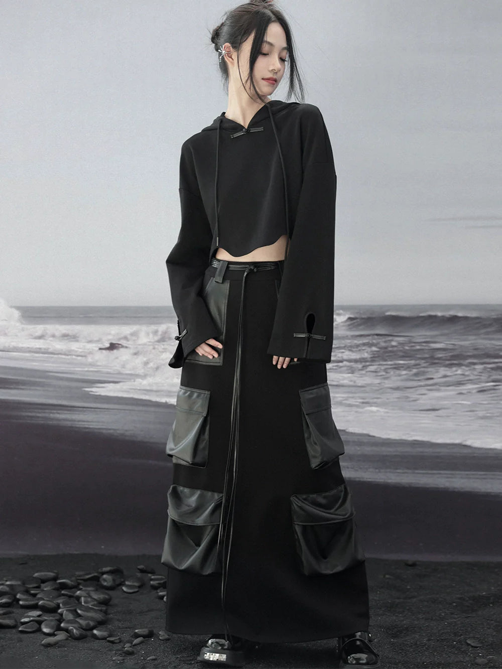 Schlitz Großer Stricktaschen Lederrock Dunkel