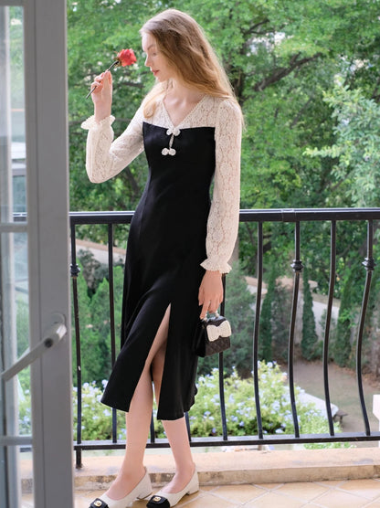 Black Splicing China Lace Dress Retro V-Neck