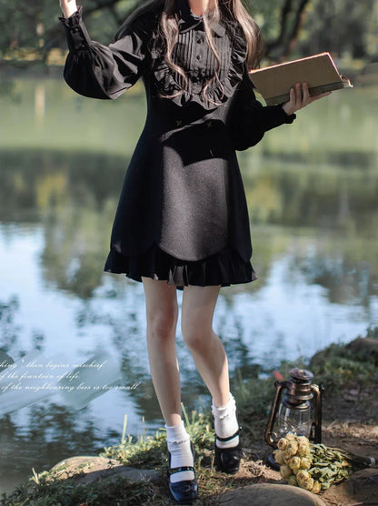 ドレス レトロ ラッフル ツーコート + ケープ フェイク ブラック レッド ピース