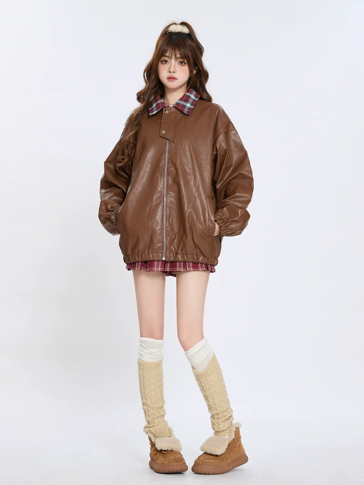 Kragen Check Retro Jacke Leder Lose Amerikanischen