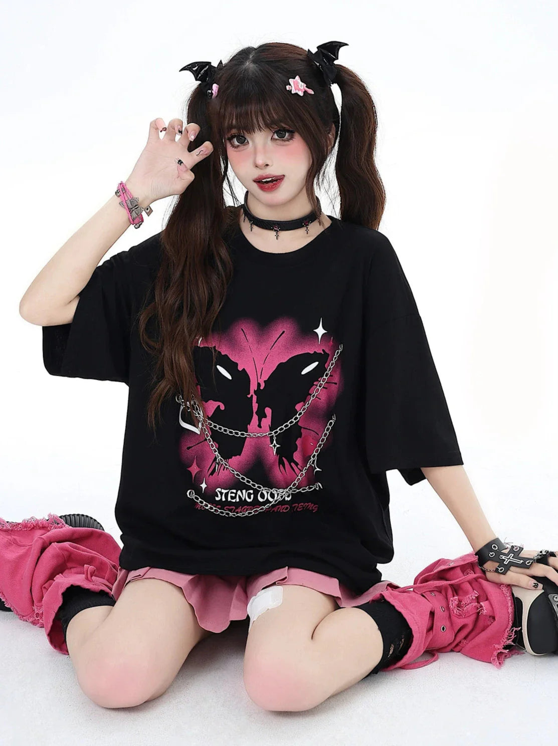 チェーンバタフライパンクロックアメリカンTシャツメタルプリント