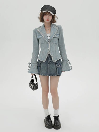 レトロアメリカンウォッシュスーツカラーデニムジャケット