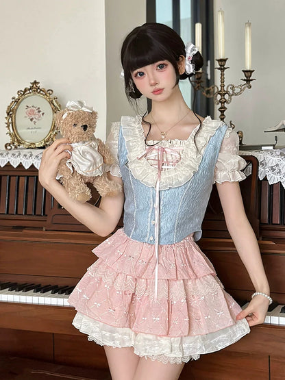 Ruffle Sleeve Vest + Balloon Shirt Puff Skirt