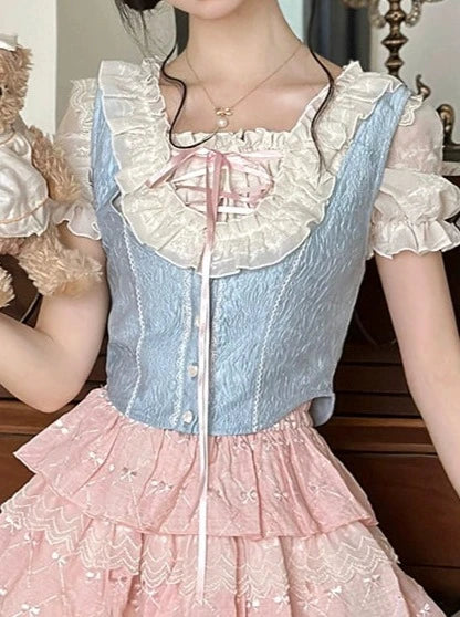 Ruffle Sleeve Vest + Balloon Shirt Puff Skirt