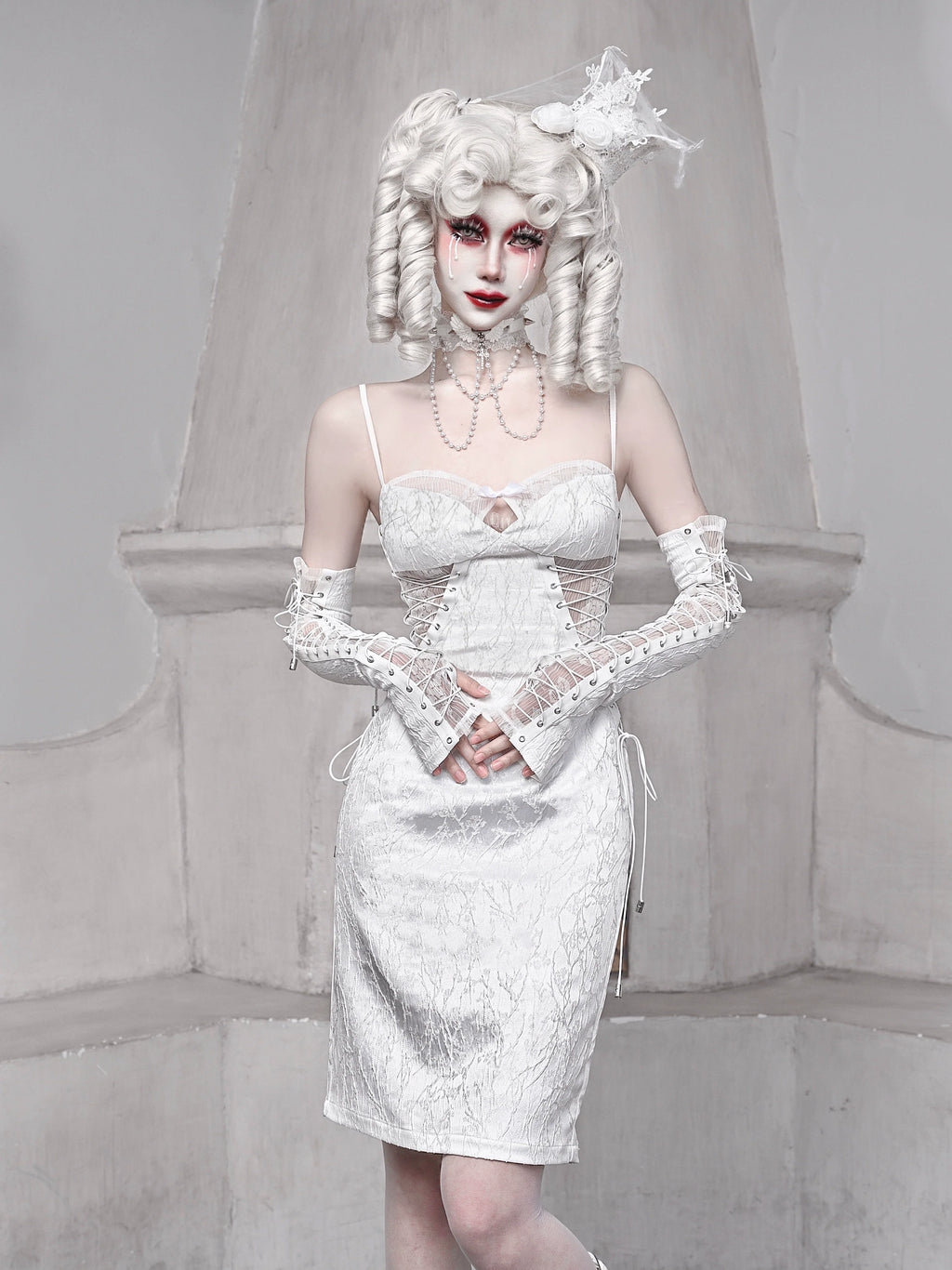 White Strap Sleeping Slim Jacquard Dark Alice Gothic Dress Suspender