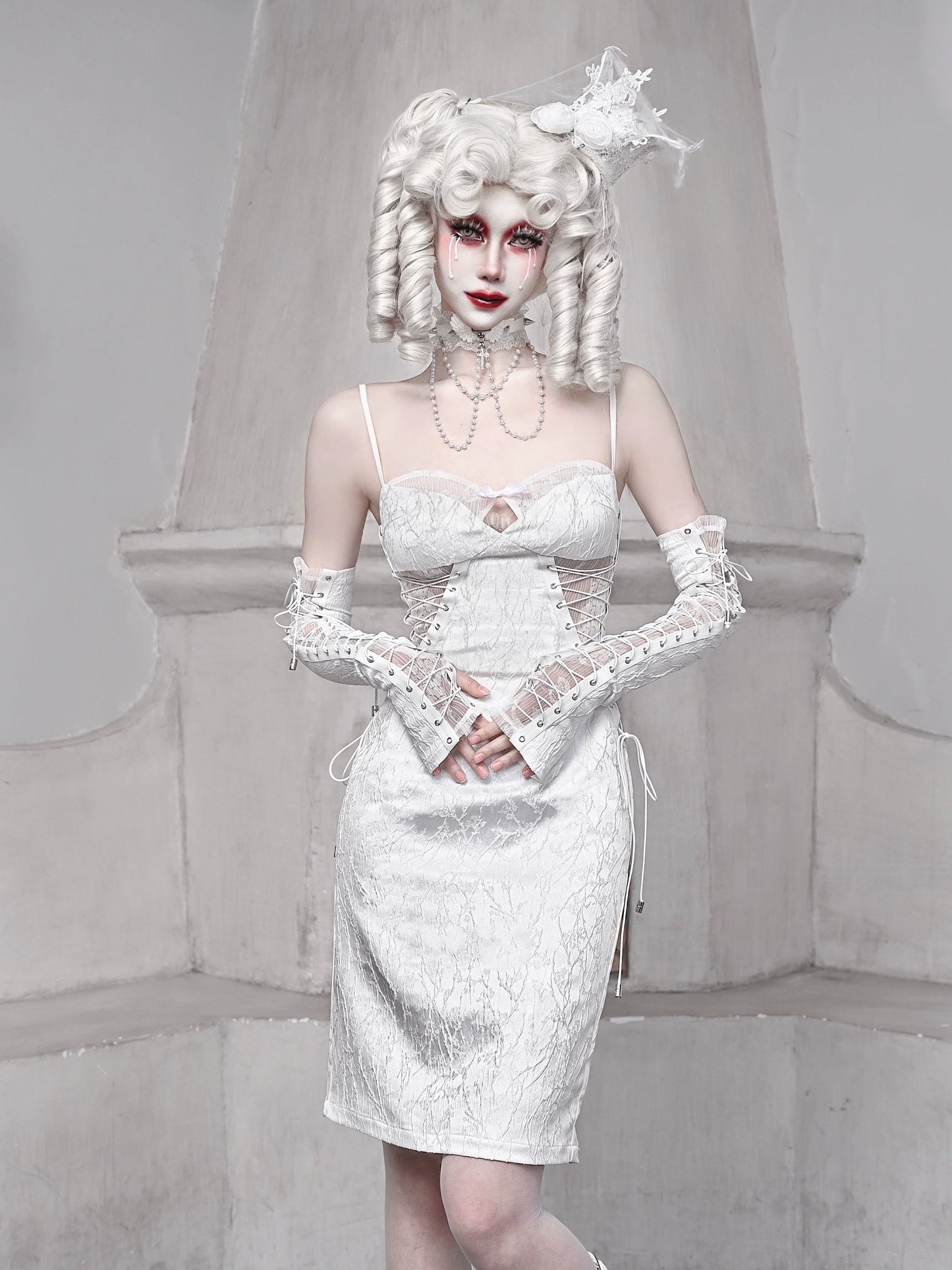 ホワイトストラップ スリーピング スリム ジャカード ダークアリス ゴシック ドレス サスペンダー