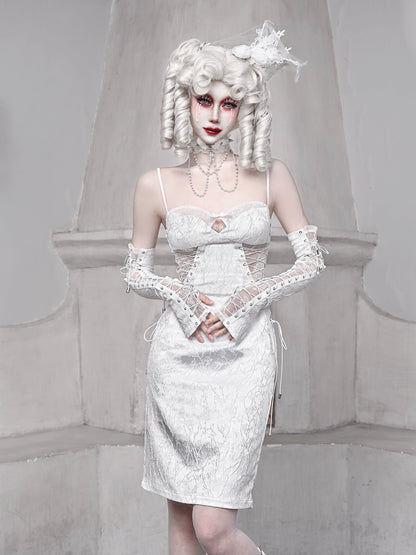 ホワイトストラップ スリーピング スリム ジャカード ダークアリス ゴシック ドレス サスペンダー