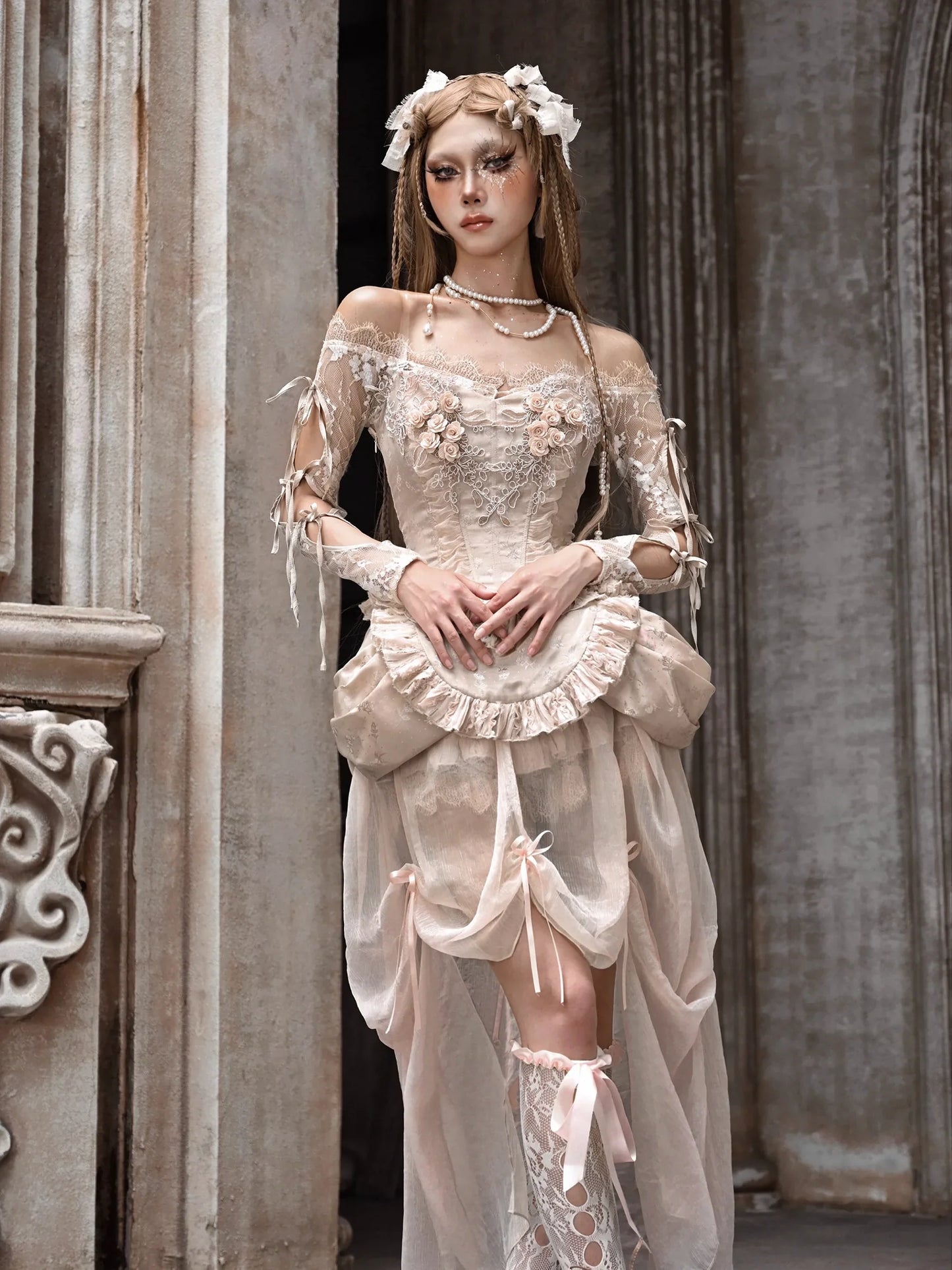 コートストラップレースバレエカーディガントップスクロシェスリーブインナーオフショルダー