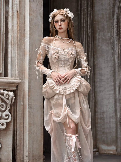 コートストラップレースバレエカーディガントップスクロシェスリーブインナーオフショルダー