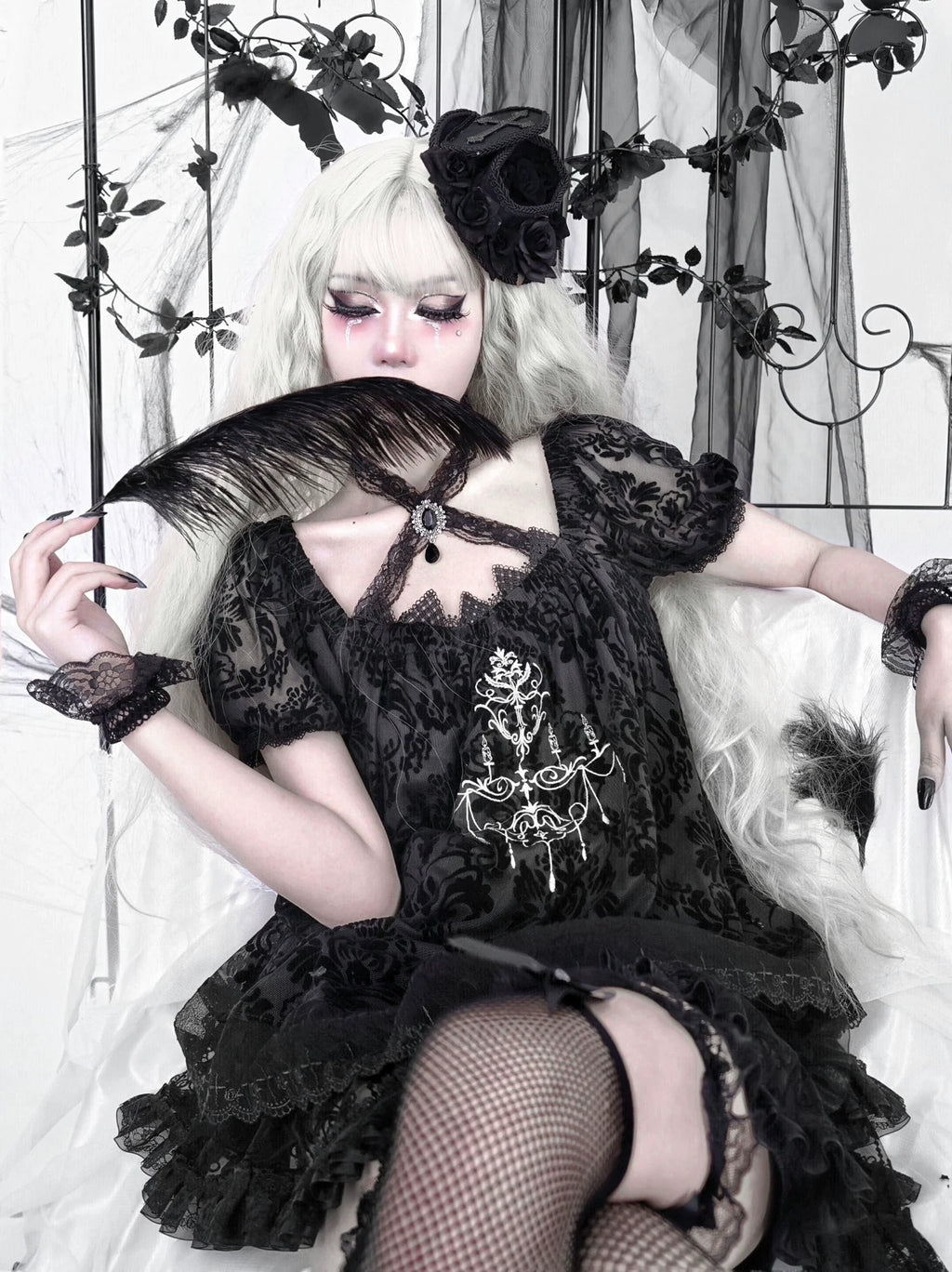 Dark Sleeve Puff Top Gothic Embroidery Lace