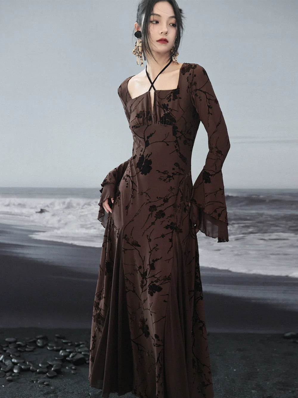 Dress Halter Neck Retro Jacquard Flower