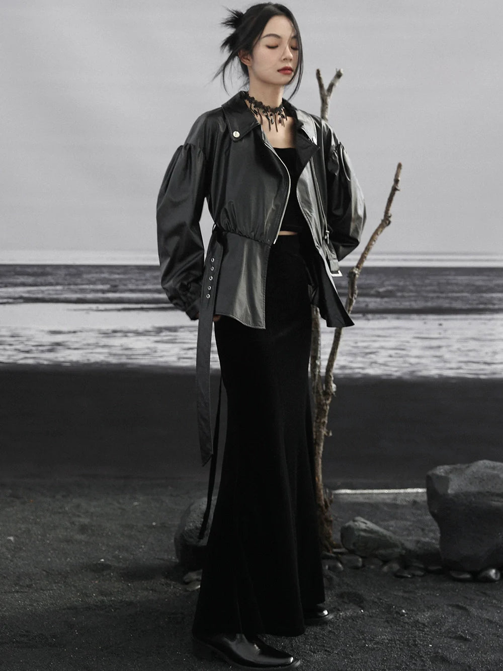 Hohe Meerjungfrau Samt Schwarz Taille Rock Retro Zurück Lange Up Spitze