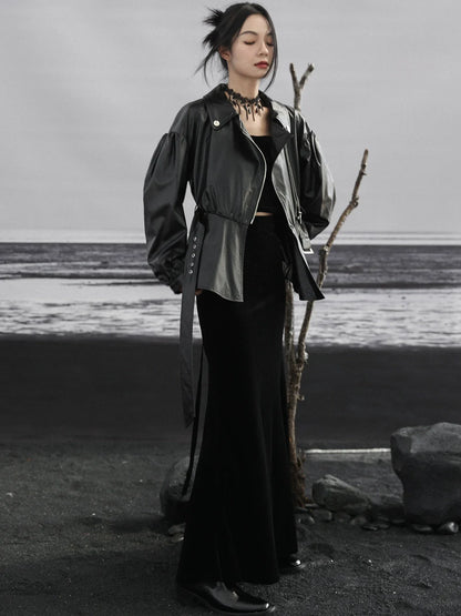 Hohe Meerjungfrau Samt Schwarz Taille Rock Retro Zurück Lange Up Spitze