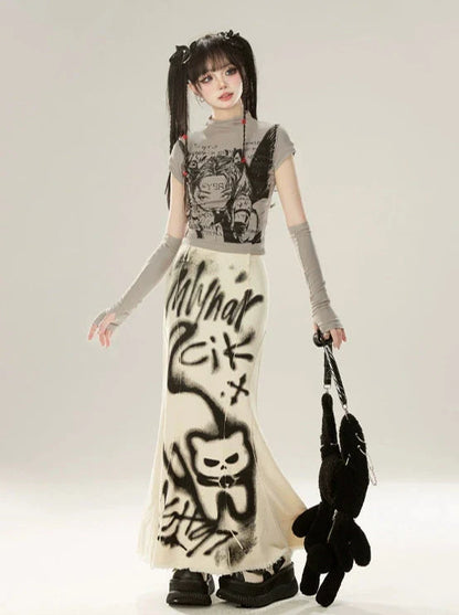 Mermaid Denim Spray Retricat Paint Skirt