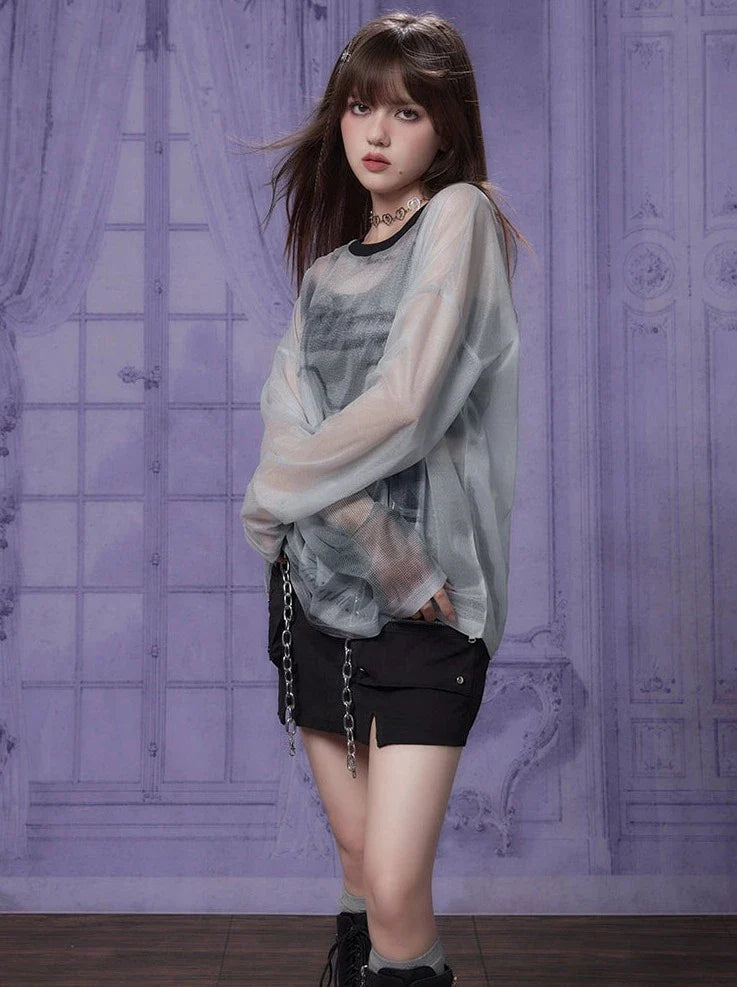 Transparenter Print Grau Top Mode Mesh