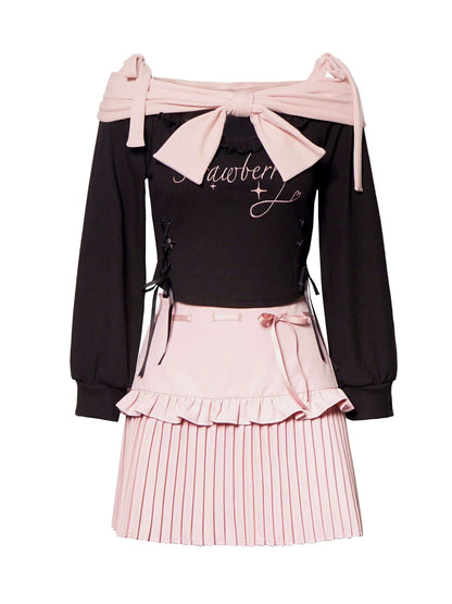 Knit Pink Ribbon + Straps Black Off-Shoulder Top