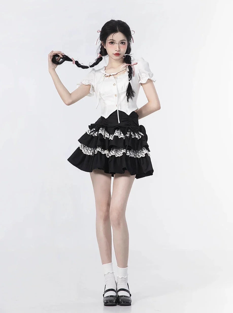 Rock, Oberteil, Ärmel, Rüschen + Puff Cake Bluse