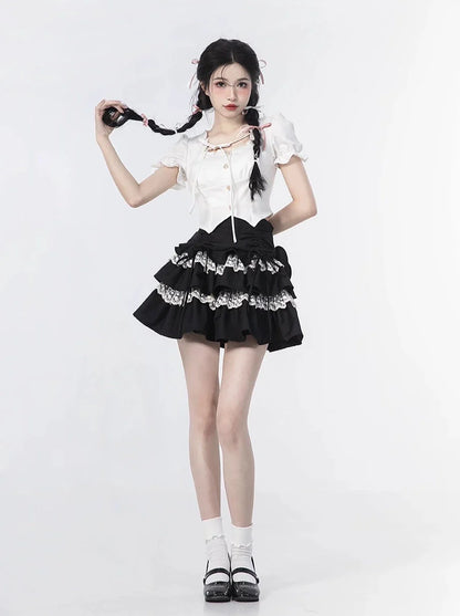 Rock, Oberteil, Ärmel, Rüschen + Puff Cake Bluse